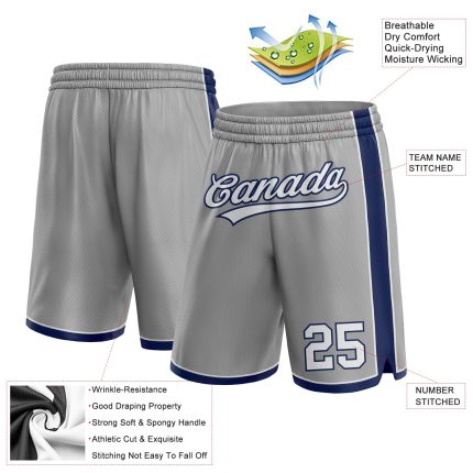 Custom Name and Number Basketball Shorts - Personalized Gray White-Navy Authentic Team Apparel Personalized Gray White-Navy