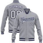 Custom Varsity Letterman Jacket with Team Name and Number - Personalized Gray White-Navy Bomber Full-Snap Style Personalized