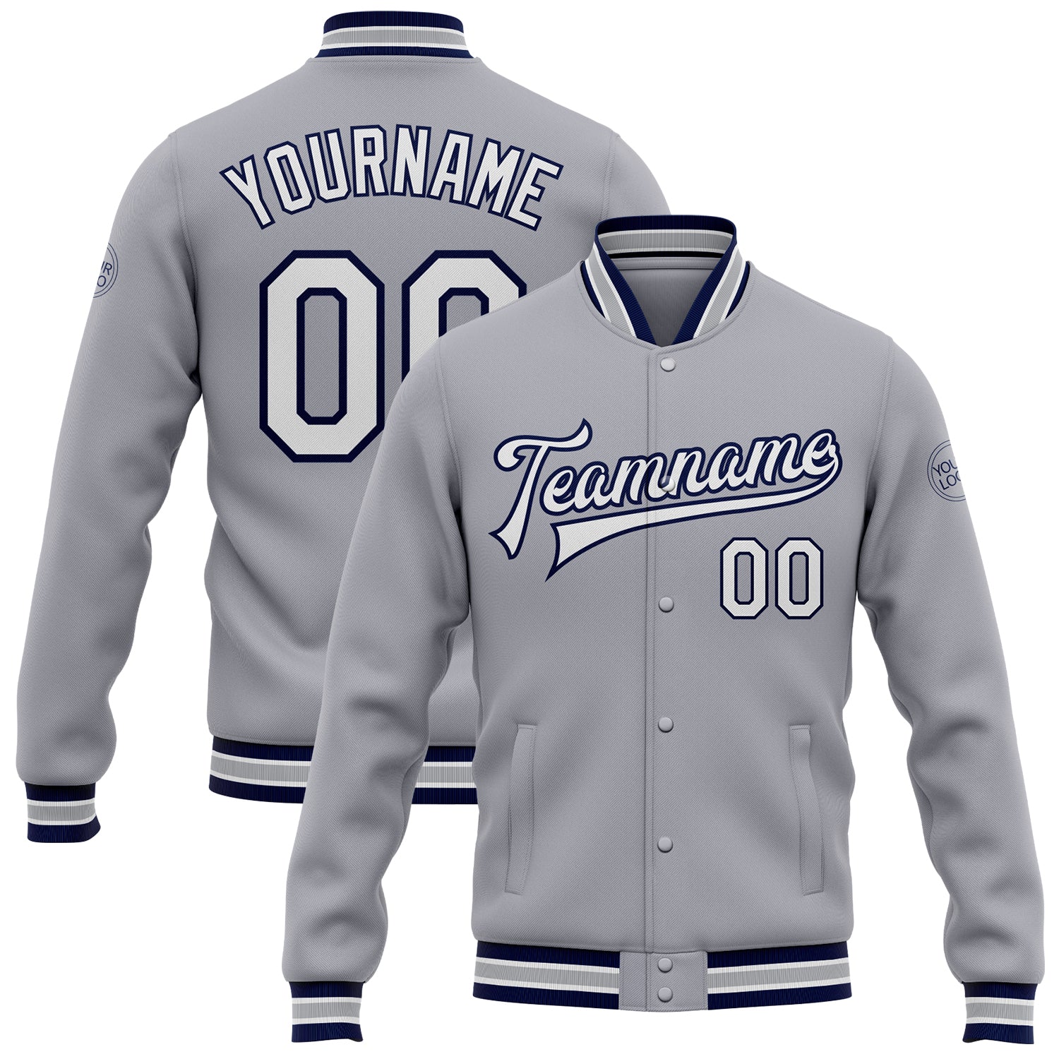 Custom Varsity Letterman Jacket with Team Name and Number - Personalized Gray White-Navy Bomber Full-Snap Style Personalized