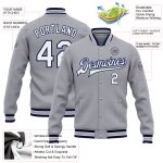 Custom Varsity Letterman Jacket with Team Name and Number - Personalized Gray White-Navy Bomber Full-Snap Style Personalized
