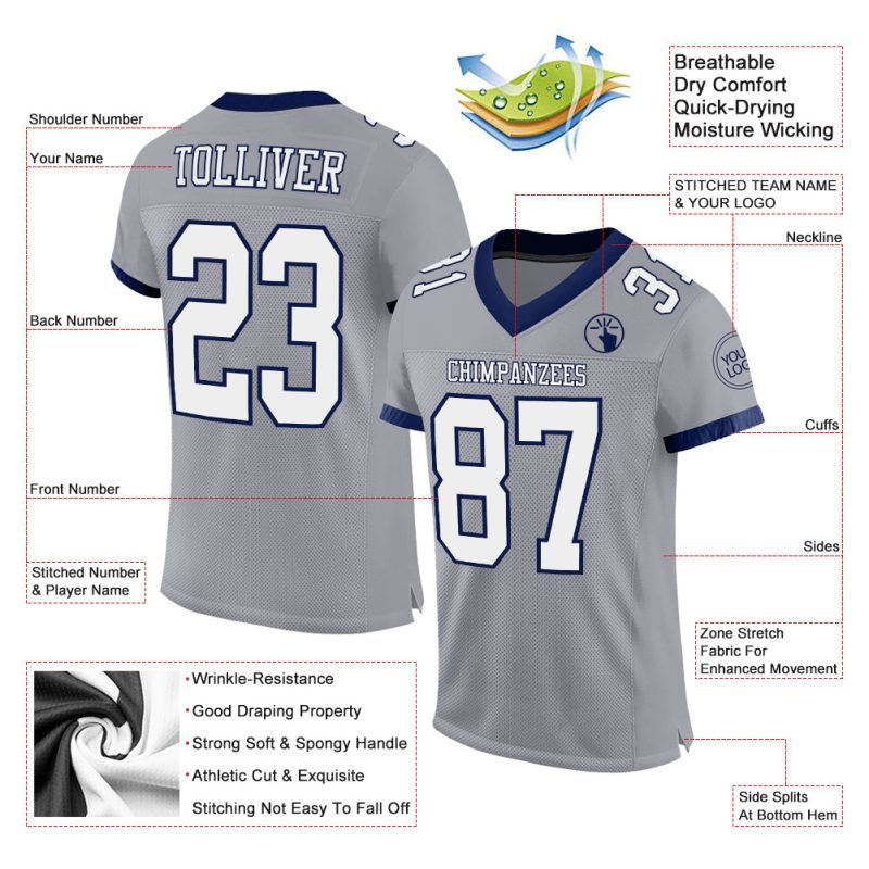 Custom Personalized Football Jersey with Name and Number - Gray White Navy Mesh Authentic Design Personalized Gray White-Navy