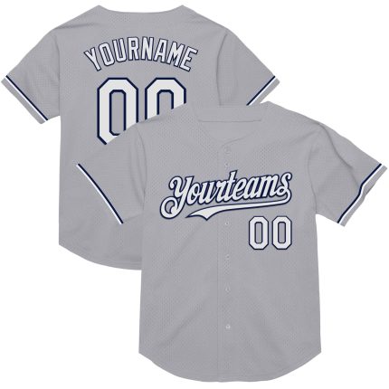 Custom Team Name Number Gray White-Navy Mesh Authentic Baseball Jersey - Personalized Throwback Design Personalized Gray