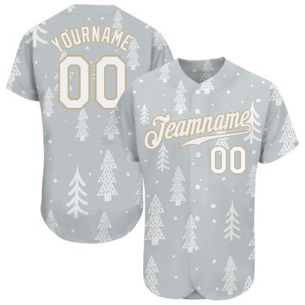 Custom Name and Number Authentic 3D Baseball Jersey - Personalized Gray White-Old Gold Christmas Design Personalized Gray