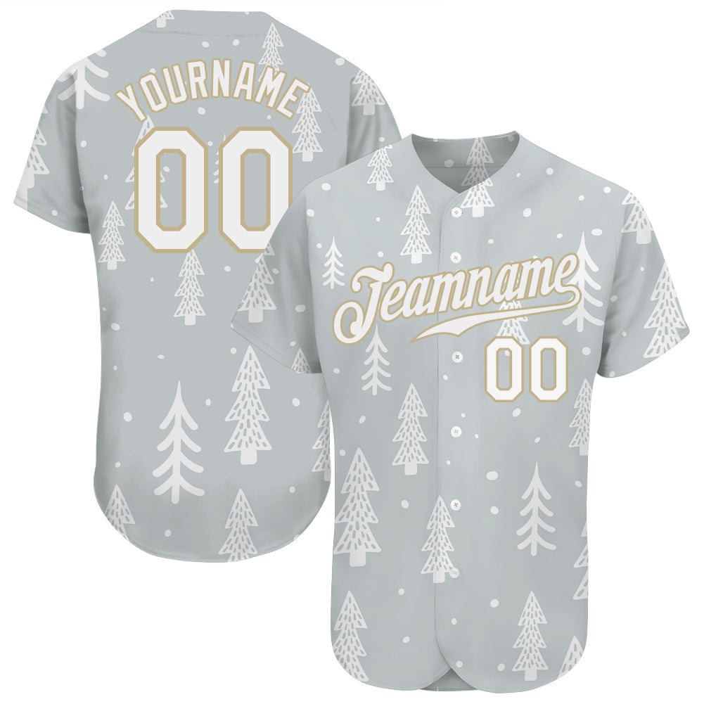 Custom Name and Number Authentic 3D Baseball Jersey - Personalized Gray White-Old Gold Christmas Design Personalized Gray
