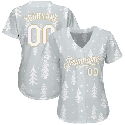 Custom Name and Number Authentic 3D Baseball Jersey - Personalized Gray White-Old Gold Christmas Design Personalized Gray