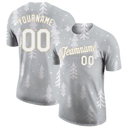 Custom Name and Number 3D Performance T-Shirt for Christmas - Personalized Gray White and Old Gold Design Personalized Gray