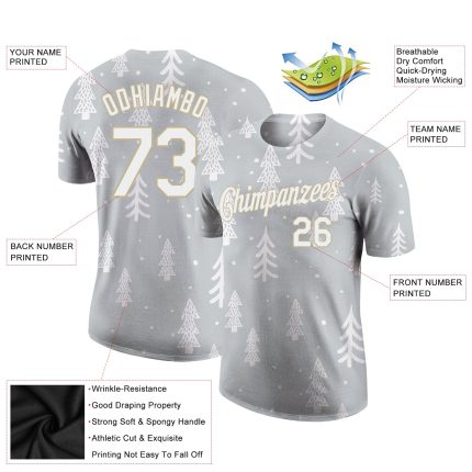 Custom Name and Number 3D Performance T-Shirt for Christmas - Personalized Gray White and Old Gold Design Personalized Gray