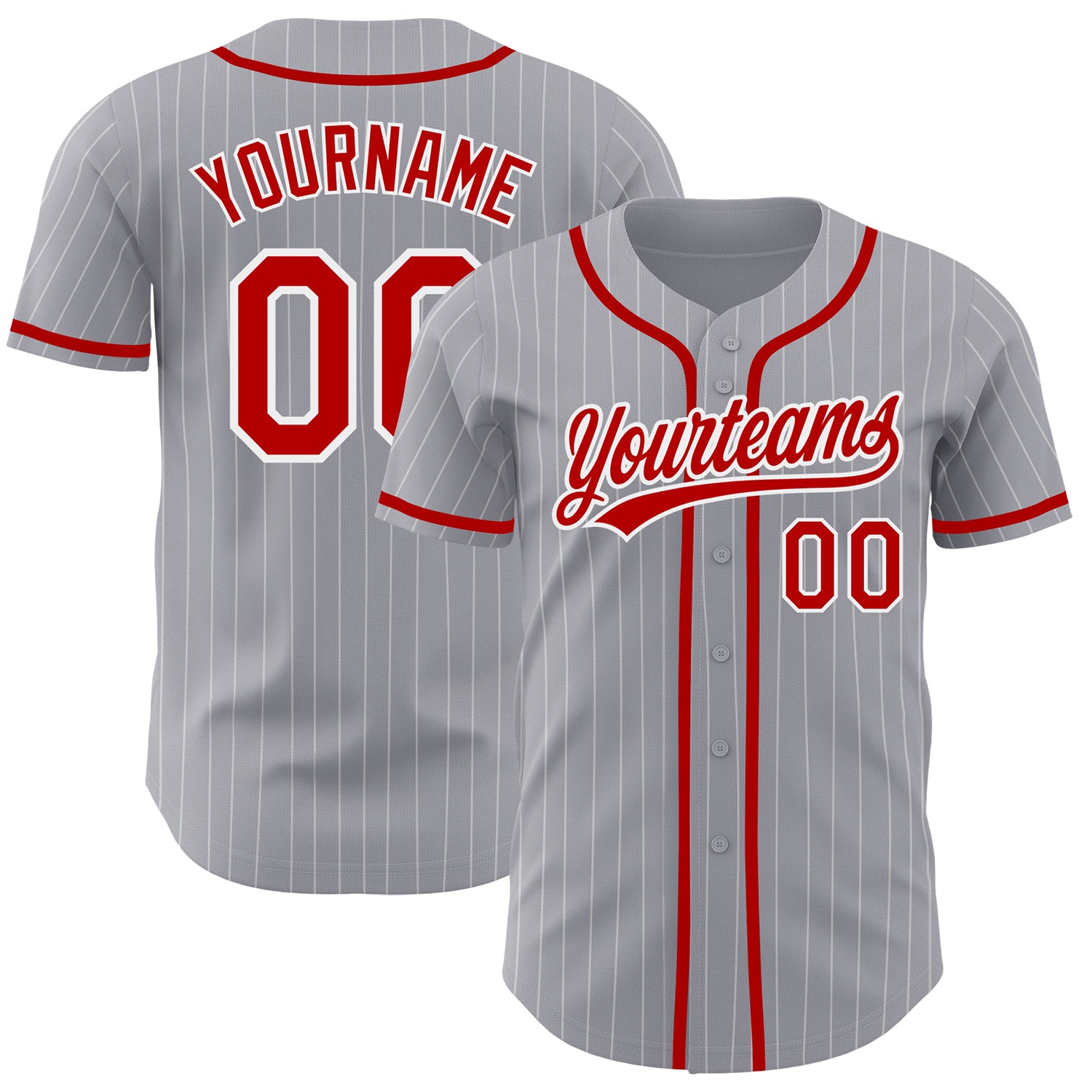 Customizable Authentic Baseball Jersey with Red, Gray, and White Pinstripes - Personalize with Name and Number Personalized