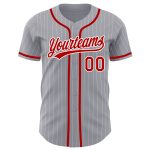 Customizable Authentic Baseball Jersey with Red, Gray, and White Pinstripes - Personalize with Name and Number Personalized