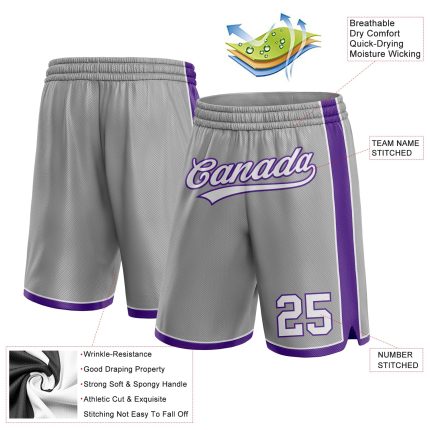 Custom Team Basketball Shorts with Name and Number - Personalized Gray White Purple Authentic Design Personalized Gray White-Purple