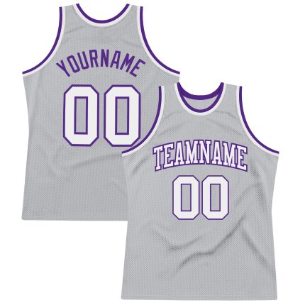 Personalized Throwback Basketball Jersey in Gray, White, and Purple - Authentic Style Personalized Gray White-Purple Authentic