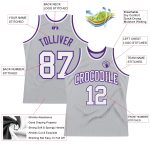 Personalized Throwback Basketball Jersey in Gray, White, and Purple - Authentic Style Personalized Gray White-Purple Authentic
