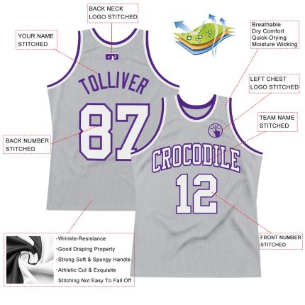 Personalized Throwback Basketball Jersey in Gray, White, and Purple - Authentic Style Personalized Gray White-Purple Authentic