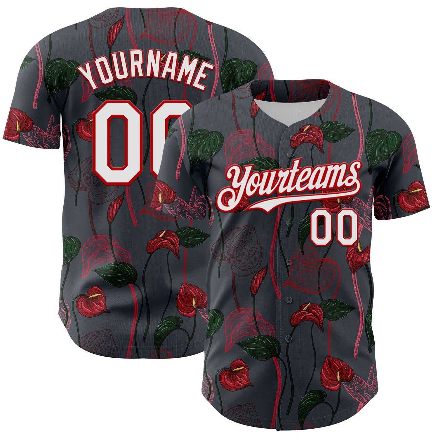 Custom Name and Number Tropical Anthurium Flower 3D Pattern Gray Red Baseball Jersey - Personalized Team Apparel Personalized