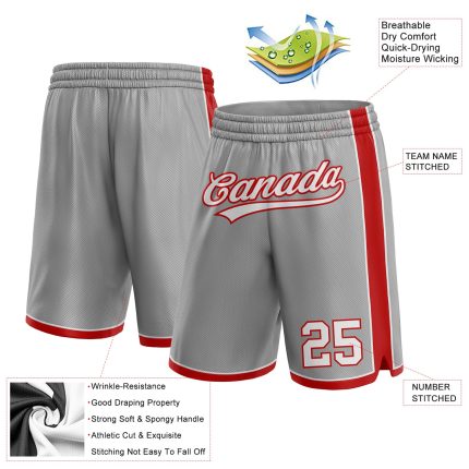 Custom Team Name Number Basketball Shorts Gray White Red Authentic Personalized Gray White-Red Authentic Basketball Shorts