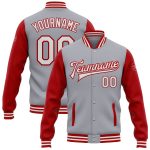 Custom Varsity Letterman Jacket with Personalized Name and Number - Gray White Red Bomber Full-Snap Design Personalized Gray