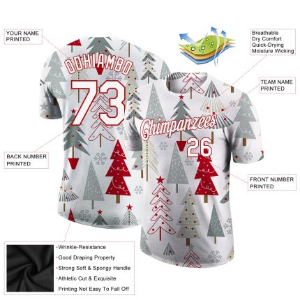 Custom Name and Number Christmas 3D Performance T-Shirt - Personalized Gray White-Red Team Apparel Personalized Gray White-Red