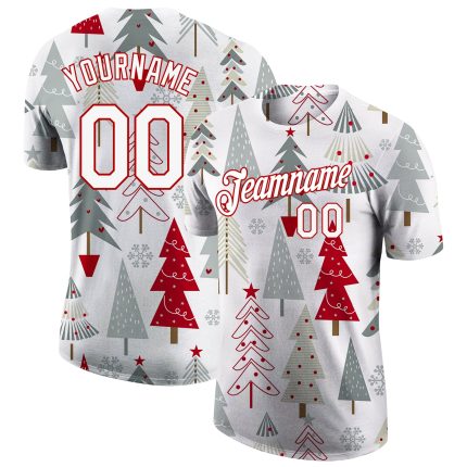 Custom Name and Number Christmas 3D Performance T-Shirt - Personalized Gray White-Red Team Apparel Personalized Gray White-Red