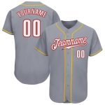 Custom Authentic Baseball Jersey with Team, Name, and Number - Personalized Gray, White, Red, and Gold Personalized Gray