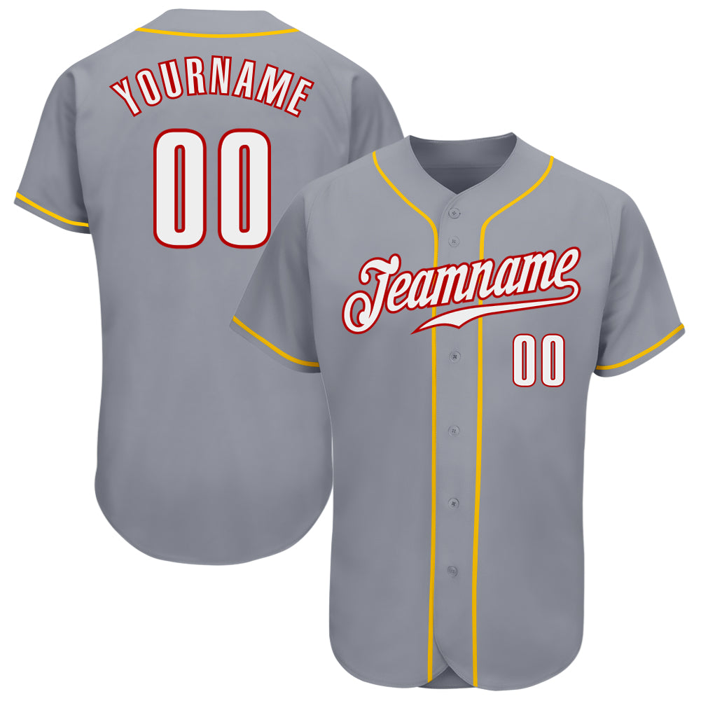 Custom Authentic Baseball Jersey with Team, Name, and Number - Personalized Gray, White, Red, and Gold Personalized Gray