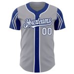 Custom Name and Number Baseball Jersey in Gray White-Royal - Personalized Authentic 3 Color Arm Shapes Personalized Gray