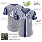 Custom Name and Number Baseball Jersey in Gray White-Royal - Personalized Authentic 3 Color Arm Shapes Personalized Gray