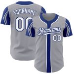 Custom Name and Number Baseball Jersey in Gray White-Royal - Personalized Authentic 3 Color Arm Shapes Personalized Gray