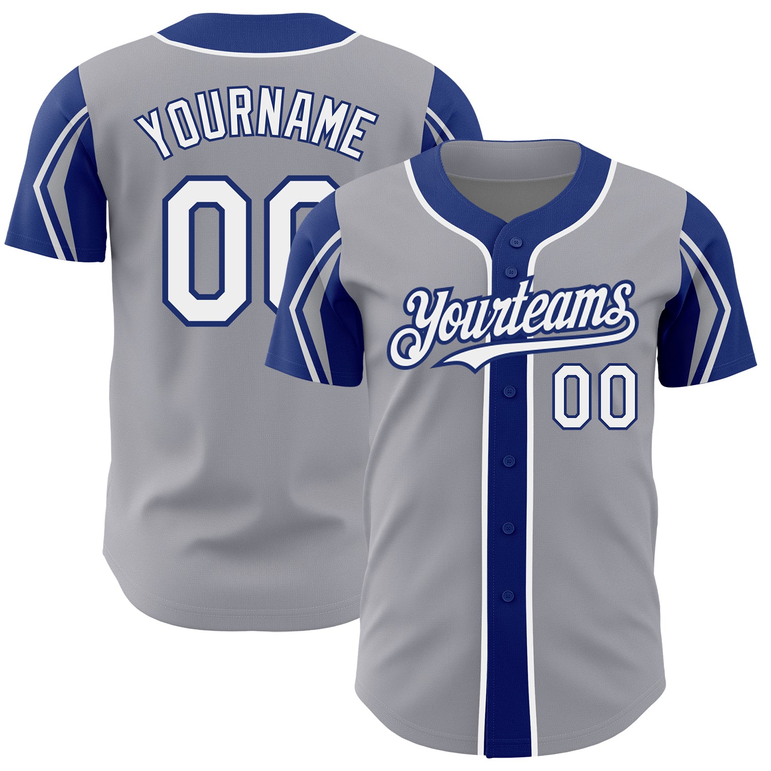 Custom Name and Number Baseball Jersey in Gray White-Royal - Personalized Authentic 3 Color Arm Shapes Personalized Gray