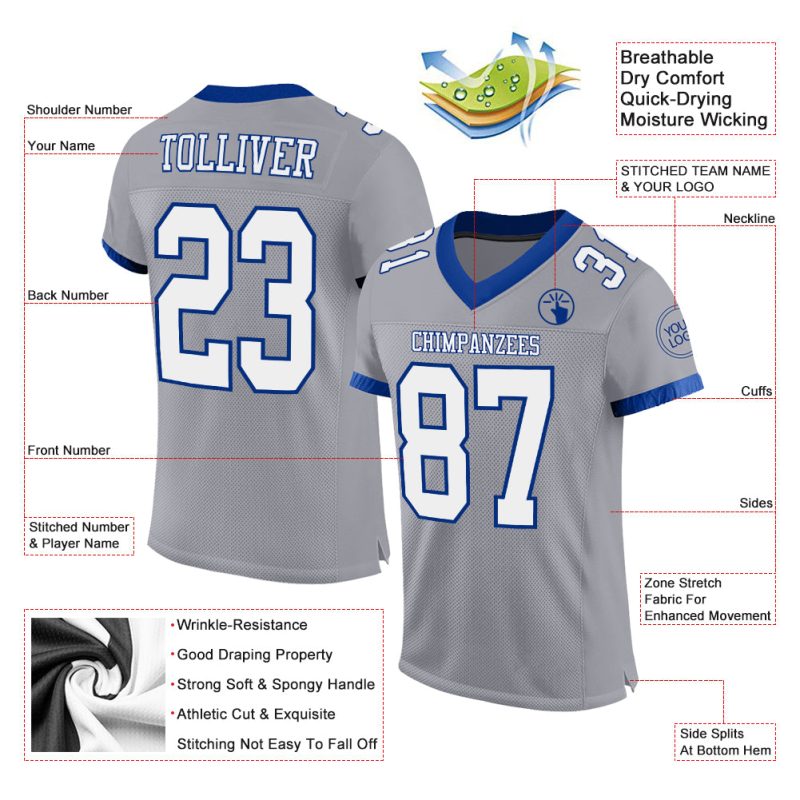 Custom Gray White-Royal Football Jersey with Personalized Name and Number - Authentic Team Gear Personalized Gray White-Royal