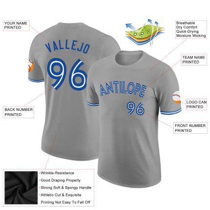 Custom Team Name and Number Performance T-Shirt in Gray and White-Royal - Personalized Athletic Tee Personalized Gray White-Royal