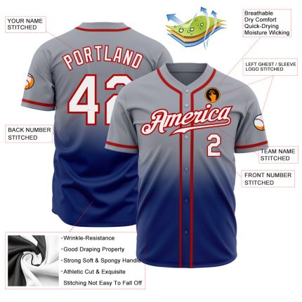 Custom Gray White Royal-Red Baseball Jersey with Personalized Name and Number - Authentic Fade Design Personalized Gray White