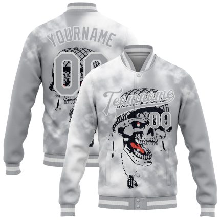 Customizable Skull 3D Bomber Varsity Jacket in Gray White - Full-Snap Team Jacket with Name and Number Personalized Gray