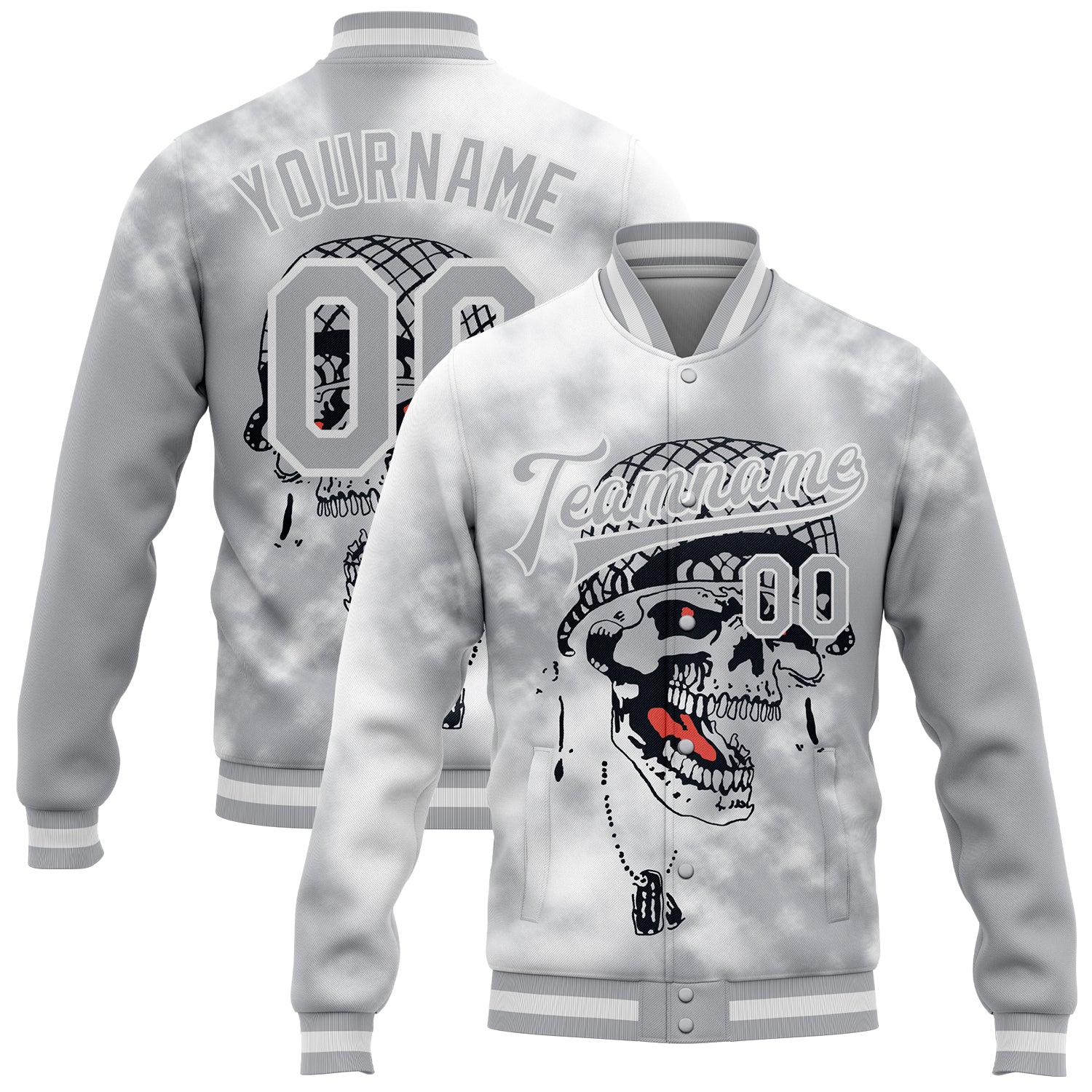 Customizable Skull 3D Bomber Varsity Jacket in Gray White - Full-Snap Team Jacket with Name and Number Personalized Gray
