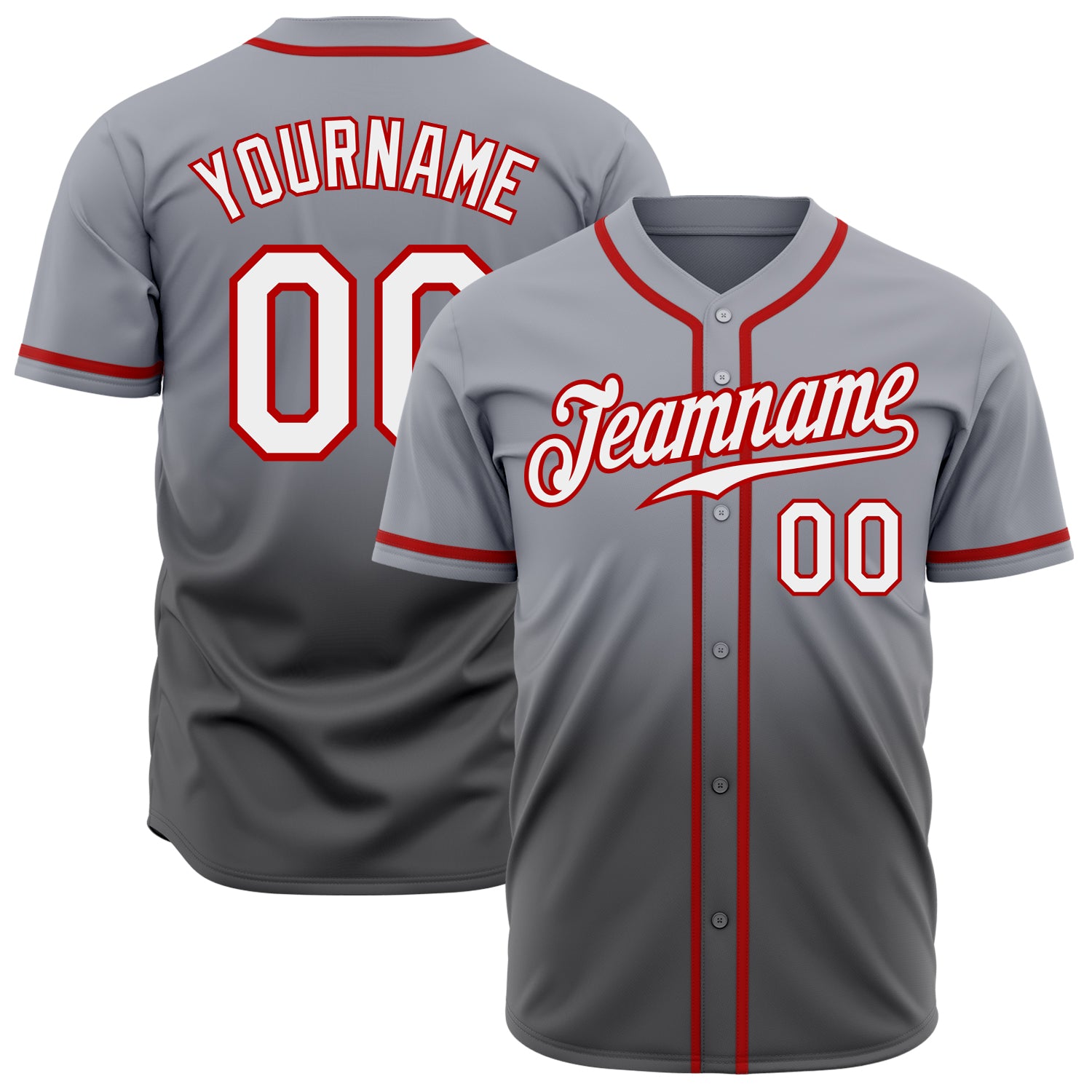 Custom Gray White Fade Fashion Baseball Jersey with Team Name and Number - Authentic Steel Gray-Red Design Personalized Gray