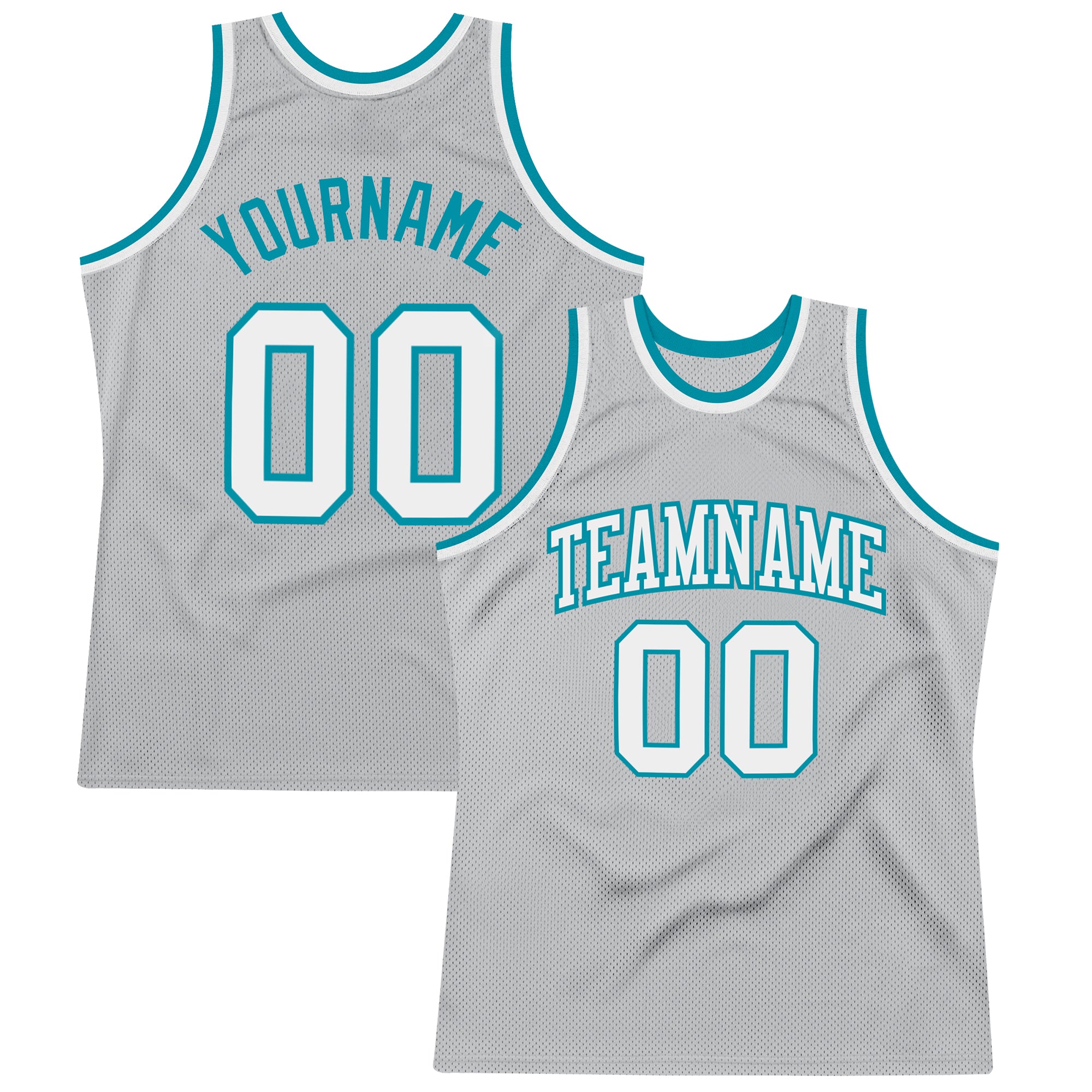 Customizable Authentic Throwback Basketball Jersey - Personalized Gray White Teal with Team Name & Number Personalized Gray