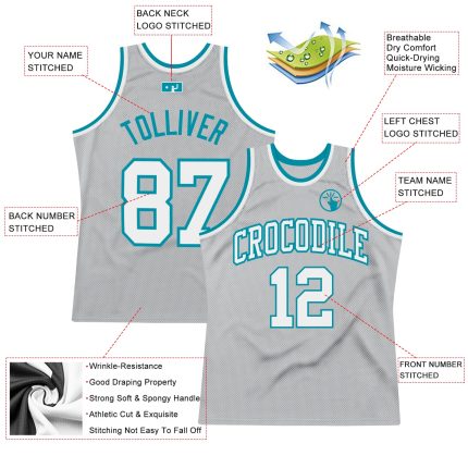 Customizable Authentic Throwback Basketball Jersey - Personalized Gray White Teal with Team Name & Number Personalized Gray