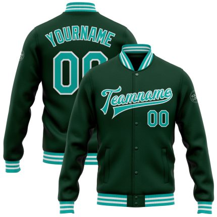Custom Name and Number Bomber Jacket for Teams - Personalized Aqua-White Varsity Letterman Full-Snap Jacket Personalized