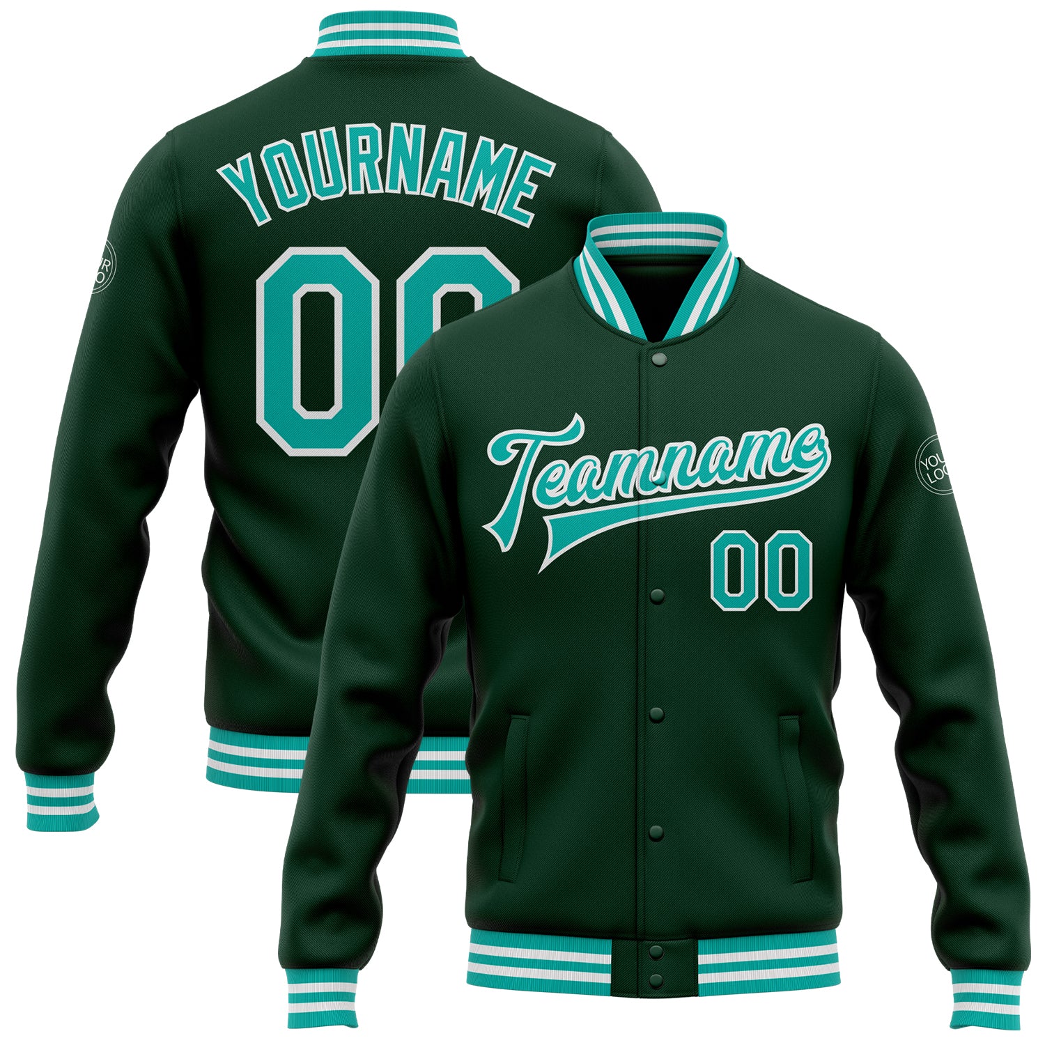 Custom Name and Number Bomber Jacket for Teams - Personalized Aqua-White Varsity Letterman Full-Snap Jacket Personalized