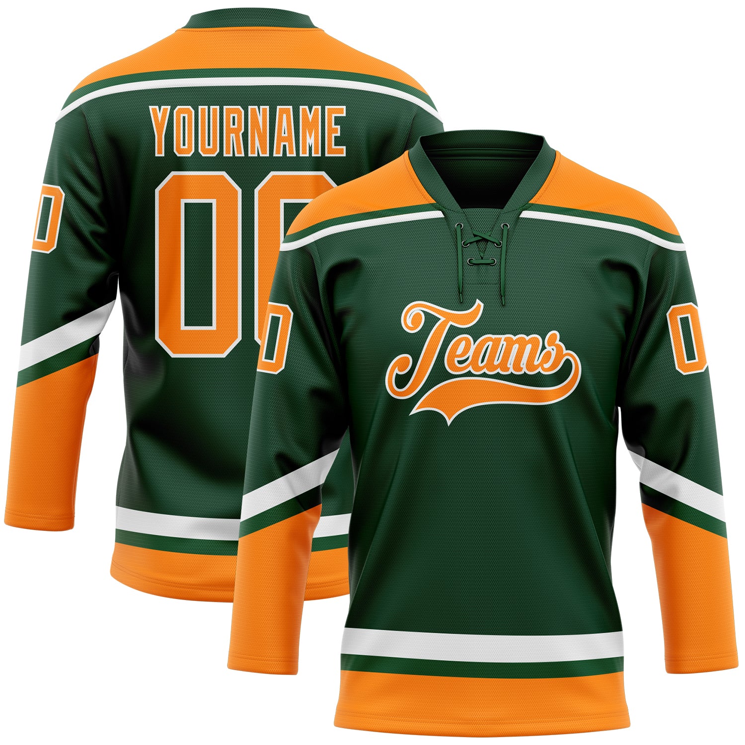 Custom Green Bay Hockey Lace Neck Jersey - Personalized Orange-White Team Name and Number Personalized Green Bay Orange-White