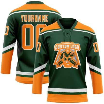 Custom Green Bay Hockey Lace Neck Jersey - Personalized Orange-White Team Name and Number Personalized Green Bay Orange-White