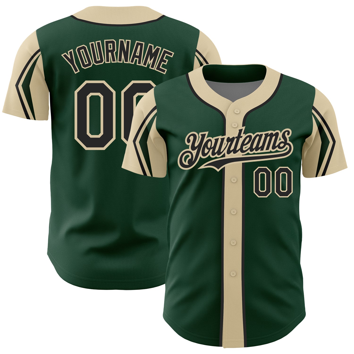 Custom Baseball Jersey with Personalized Name and Number, Green Black City Cream, 3 Colors, Arm Shapes, Authentic Design
