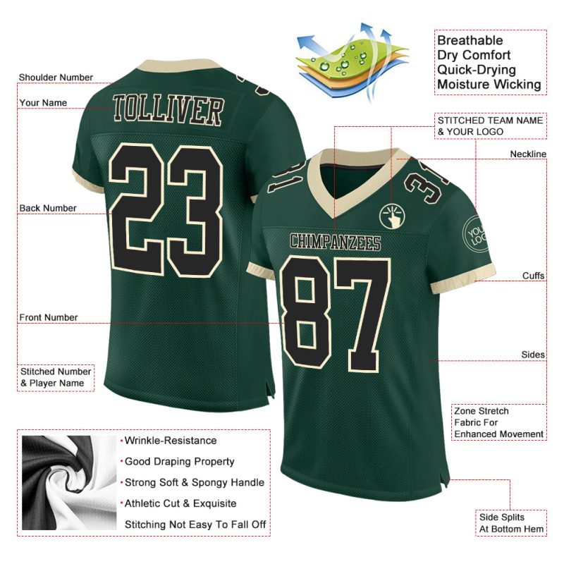 Custom Team Football Jersey with Personalized Name and Number in Green Black-Cream Mesh Personalized Green Black-Cream Mesh