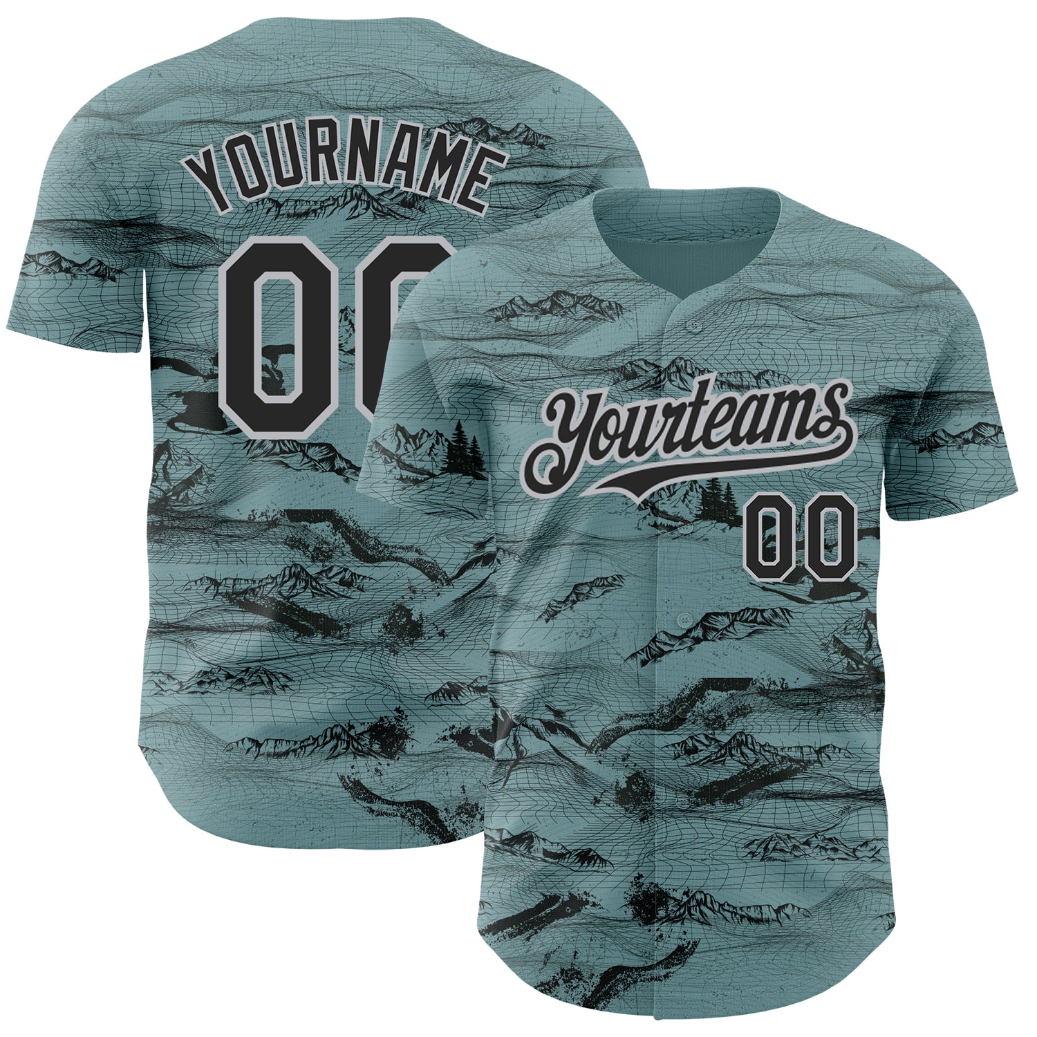 Custom Name and Number Baseball Jersey with 3D Mountain Pattern - Personalized Green Black Gray Design Personalized Green