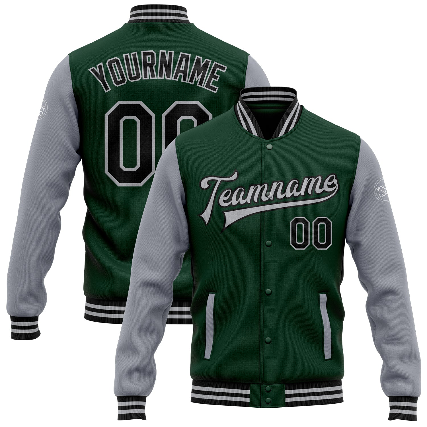 Custom Name & Number Two Tone Bomber Varsity Letterman Jacket - Green Black Gray Full-Snap Personalized Green Black-Gray