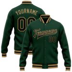 Custom Team Name Number Varsity Letterman Jacket Personalized Green Black Old Gold Bomber Full-Snap Personalized Green Black-Old