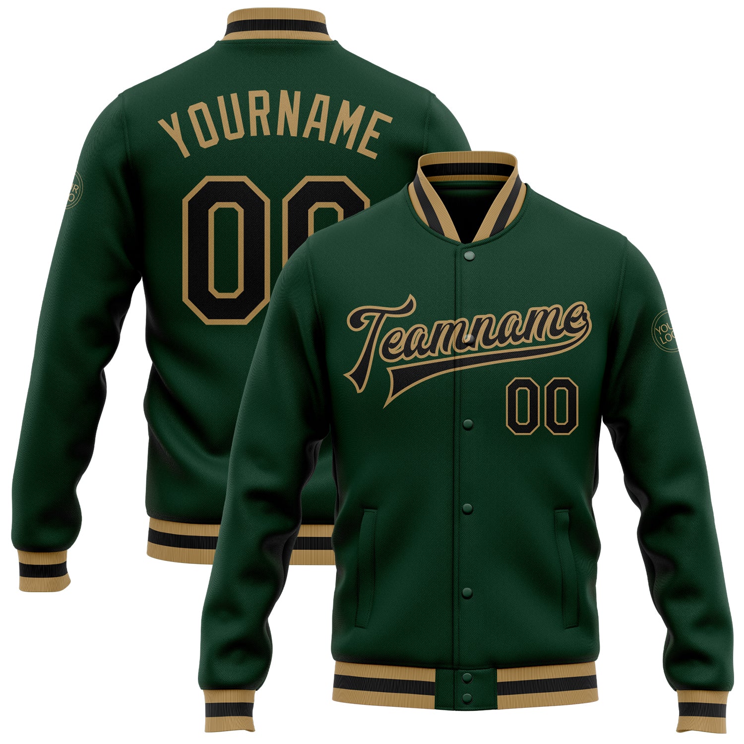 Custom Team Name Number Varsity Letterman Jacket Personalized Green Black Old Gold Bomber Full-Snap Personalized Green Black-Old