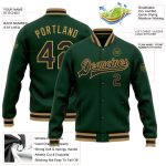 Custom Team Name Number Varsity Letterman Jacket Personalized Green Black Old Gold Bomber Full-Snap Personalized Green Black-Old