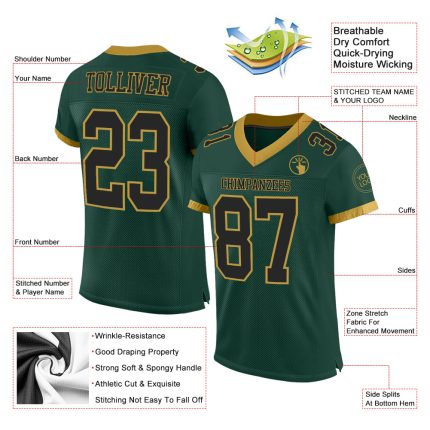 Custom Name and Number Personalized Green Black Old Gold Authentic Football Jersey, Team Apparel Personalized Green Black-Old