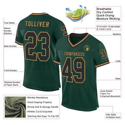Customizable Football Jersey - Personalized Green Black Old Gold Mesh with Name & Number - Authentic Throwback Design Personalized