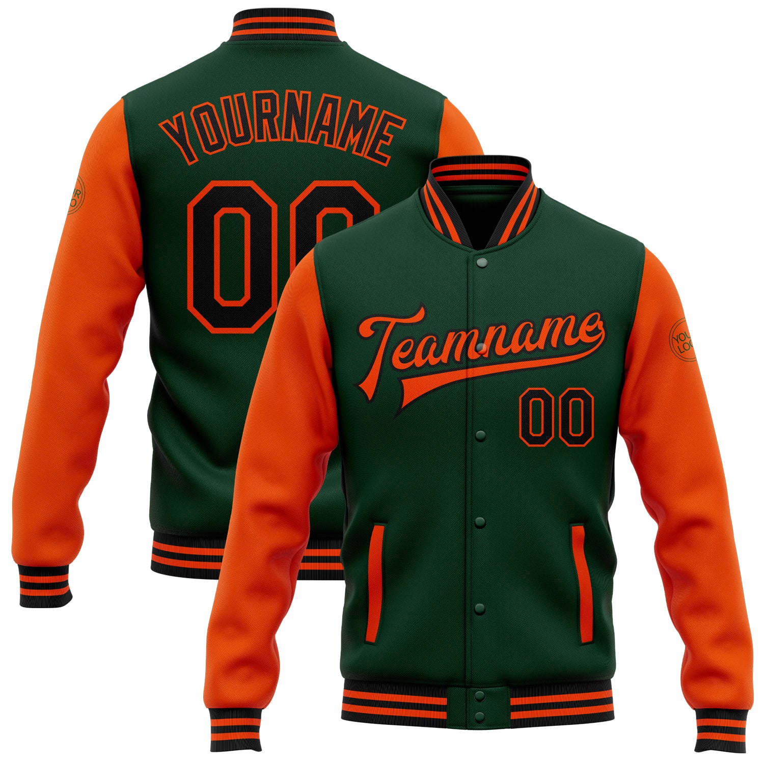 Custom Name Number Two Tone Green Black Orange Varsity Letterman Bomber Full-Snap Jacket - Personalized Team Jacket Personalized